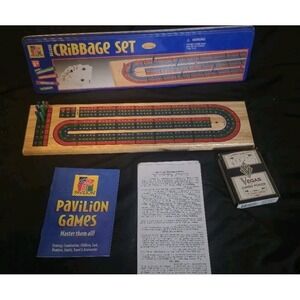 Pavilion Games Deluxe Cribbage Set Original Tin,  Wood Board  Missing 2 Red Pegs